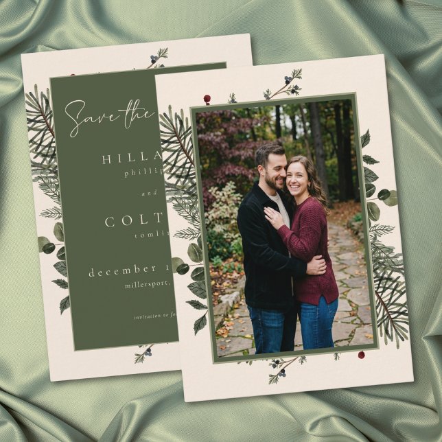 Elegant Winter Berries Pine Ivory Wedding Photo Save The Date (Elegant Winter Berries Pine Ivory Wedding Photo Save The Date)