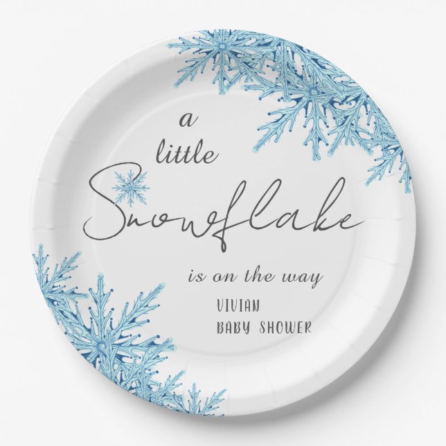Elegant Winter Blue Little Snowflake Baby Dusche Pappteller (Vorderseite)