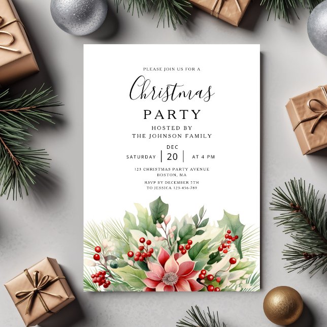 Elegant Winter Botanical Christmas Party  Einladung (Elegant Winter Botanical Christmas Party Invitation)