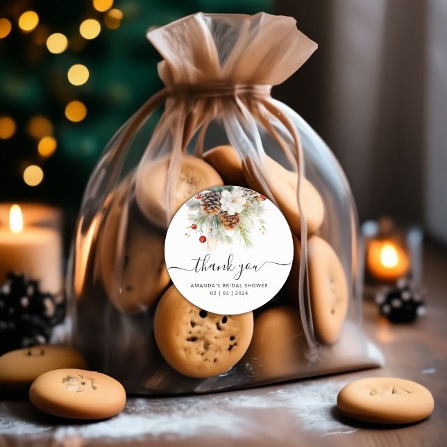 Elegant Winter Evergreen Brautparty Vielen Dank Runder Aufkleber (Winter Evergreen Bridal Shower Thank You Classic Round Sticker)