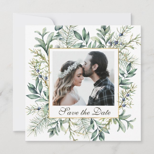 Elegant Winter Evergreen Eucalyptus Foto Wedding Save The Date (Vorderseite)