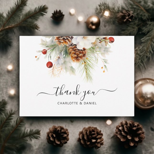 Elegant Winter Evergreen & Rowan Wedding Dankeskarte (Winter Evergreen & Rowan Wedding Thank You)