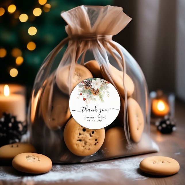 Elegant Winter Evergreen Wedding Vielen Dank Runder Aufkleber (Winter Evergreen Wedding Thank You Classic Round Sticker)