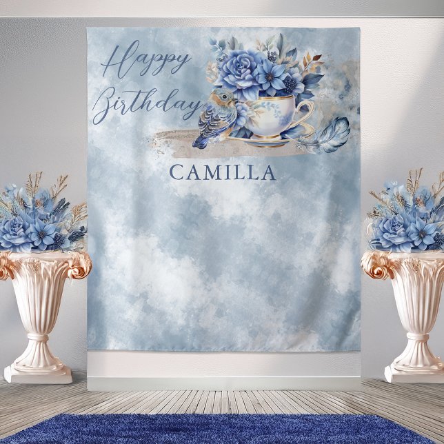 Elegant Winter Floral Teacup Happy Birthday Wandteppich (Elegant Winter Floral Teacup with Feather and Bird Happy Birthday Large Backdrop)