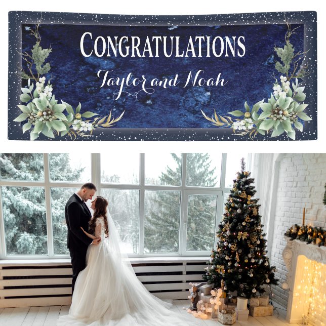 Elegant Winter Floral Wedding Herzlichen Glückwuns Banner (Elegant and festive winter Christmas banner to celebrate and wedding or engagement. )