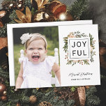 Elegant Winter Florals | Joyful Photo Christmas Feiertagskarte<br><div class="desc">Send stylish, elegant photo holiday cards to friends and family with this 1 photo flat card. It features a hand painted floral design in dark olive green, terracotta burnt orange, ivory, and peach over a white background (background color can be customized, if desired). The back contains a matching floral pattern...</div>