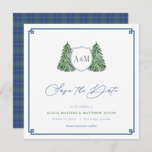 Elegant Winter Forest Wedding Monogram Tartan Save The Date (Vorne/Hinten)