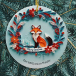 Elegant Winter Fox Nature Themed Frohe Weihnachten Keramik Ornament<br><div class="desc">Ein sehr hübscher Weihnachtsschmuck in Aquablau, mit der Abbildung eines Fuchses im Winter mit Blume, Bäumen und Schnee. Das Bild ist flach auf der Oberfläche des Ornaments, gibt jedoch die Illusion eines detaillierten Papiereffekts, der dem Tier und den Pflanze zusätzliches Leben bringt. Der Gruß "Frohe Weihnachten" wird auf einem weißen...</div>