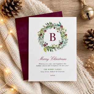 Elegant Winter Greenery Burgundy Monogram Wreath Feiertagskarte