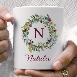 Elegant Winter Greenery Burgundy Monogram Wreath Kaffeetasse