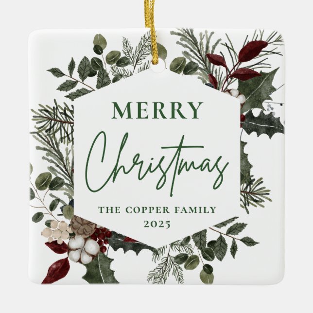 Elegant Winter Greenery Foto Weihnachten Keramikornament (Vorderseite)