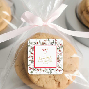 Elegant Winter Greenery & Holly Baby Dusche Quadratischer Aufkleber