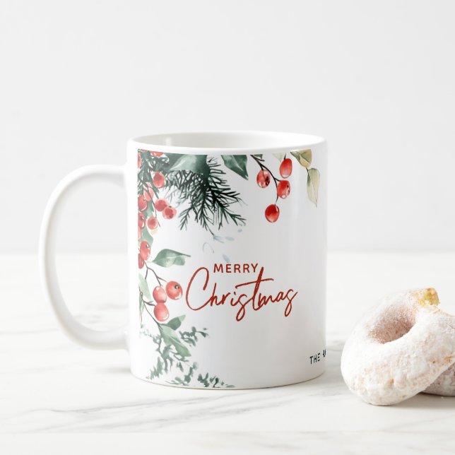 Elegant Winter Greenery Merry Christmas Custom Kaffeetasse (Mit Donut)