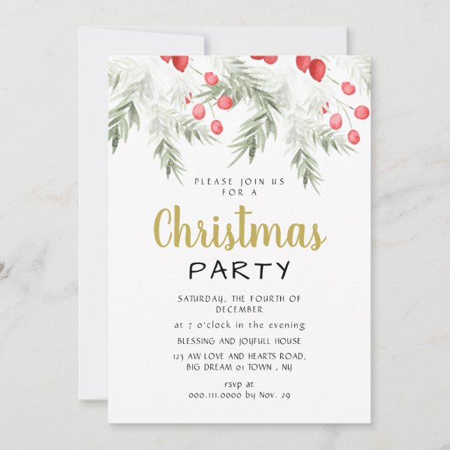 Elegant Winter Greenery Watercolor Christmas Party Einladung (Vorderseite)