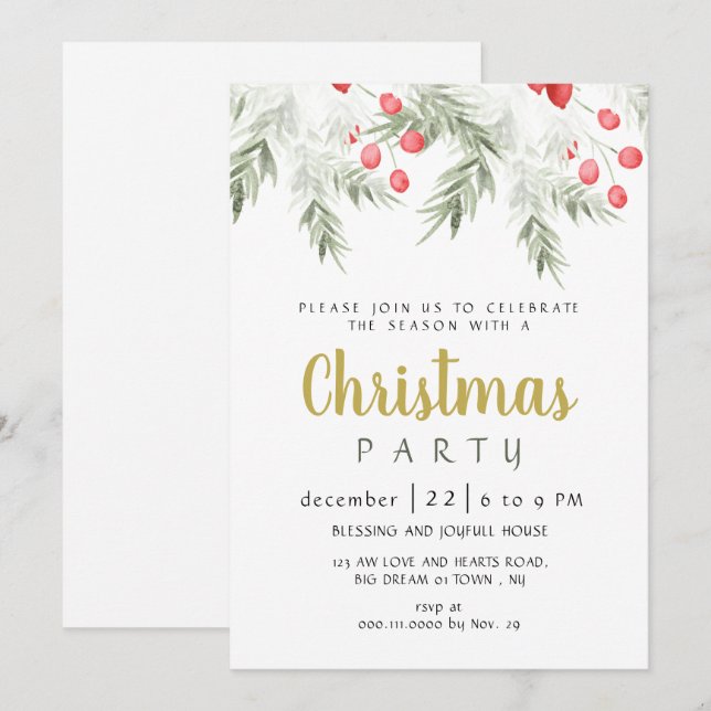 Elegant Winter Greenery Watercolor Christmas Party Einladung (Vorne/Hinten)