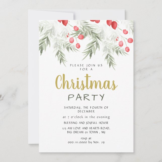 Elegant Winter Greenery Watercolor Christmas Party Einladung (Vorderseite)