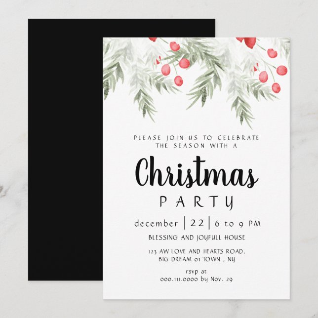 Elegant Winter Greenery Watercolor Christmas Party Einladung (Vorne/Hinten)