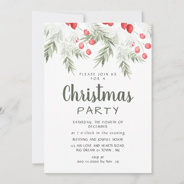 Elegant Winter Greenery Watercolor Christmas Party Einladung (Vorderseite)