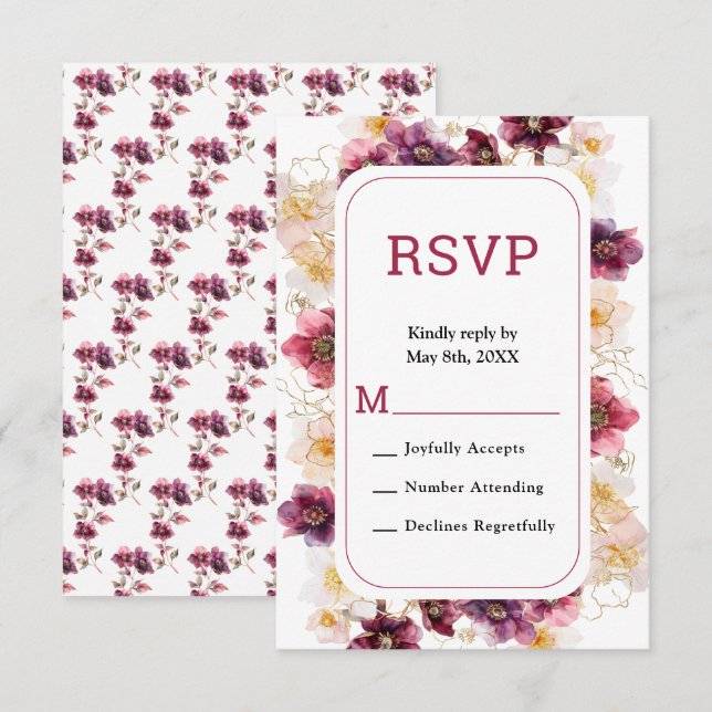Elegant Winter Hellebore Floral Burgundy Wedding  RSVP Karte (Vorne/Hinten)