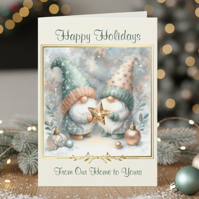 Elegant Winter Watercolor Gnome Happy Holiday Cute Karte (Gnome WInter Holiday Card with Snow, Non Religous, Neutral, Elegant, Cute, Nordic, Scandinavian Card)