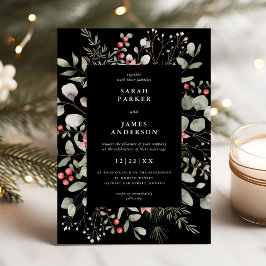 Elegant Winter Watercolor Grüne Schwarze Hochzeit Einladung