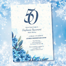Elegant Winter White Blue Blumen 50. Geburtstag Einladung