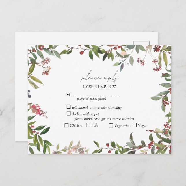 Elegant Winter Wildblume Berry Wedding RSVP Einladungspostkarte (Vorne/Hinten)