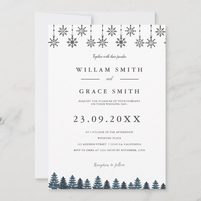 Elegant Winter Wonderland Snowboardfahren Hochzeit Einladung (Vorderseite)