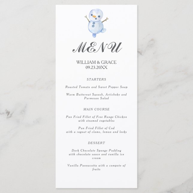 Elegant Winter Wonderland Snowboardfahren Hochzeit Menükarte (Vorderseite)