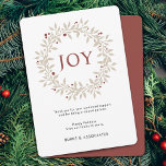 Elegant Winter Wreath JOY Business Feiertagskarte<br><div class="desc">Happy Holidays Winter Kranz mit JOY in rustikalen roten Corporate/Business-Urlaubskarte.</div>