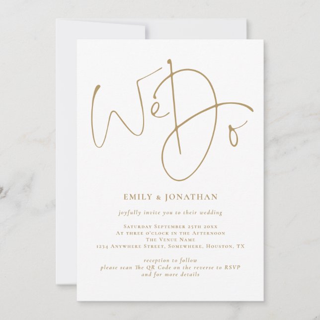 Elegant Wir machen Gold Script QR Code Hochzeit Einladung (Vorderseite)