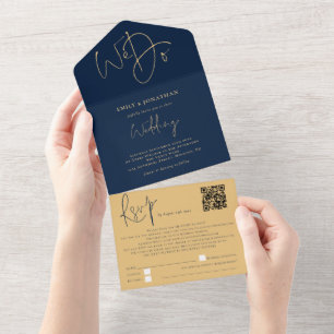 Elegant Wir Machen QR Code Navy Gold Hochzeit All In One Einladung