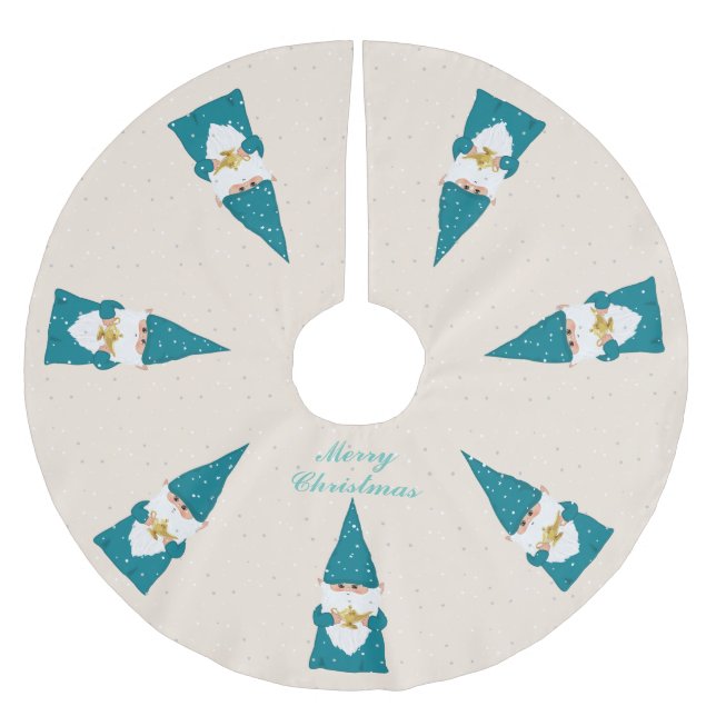 Elegant Wise Blue Christmas Gnomes über Elfenbein Polyester Weihnachtsbaumdecke (Vorderseite)