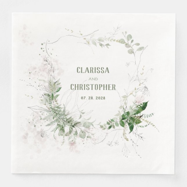 Elegant Wispy Blush & Greenery Wreath Serviette (Vorderseite)
