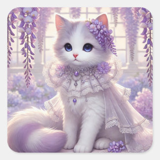 Elegant Wisteria Princess Cat Quadratischer Aufkleber