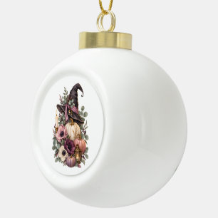 Elegant Witch Hat with Floral Pumpkins Keramik Kugel-Ornament