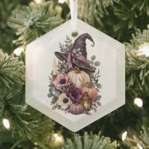 Elegant Witch Hat with Floral Pumpkins Ornament Aus Glas