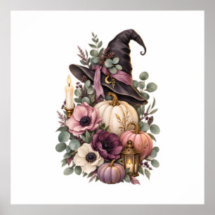 Elegant Witch Hat with Floral Pumpkins Poster