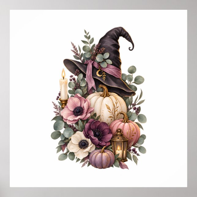 Elegant Witch Hat with Floral Pumpkins Poster (Vorne)