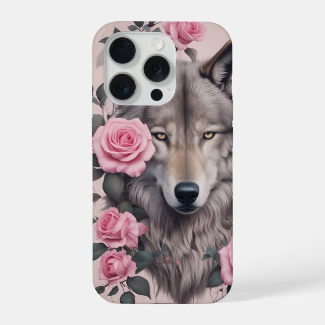 Elegant Wolf und Rose iPhone 15 Pro Fall Hülle (Rückseite)