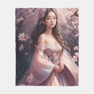 Elegant Woman Amidst Blooming Cherry Blosso Fleecedecke