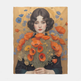 Elegant Woman Holding Bouquet von Mohnblumen Blume Fleecedecke