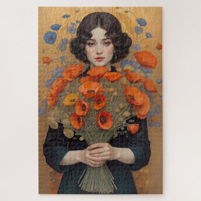 Elegant Woman Holding Bouquet von Mohnblumen Blume Puzzle (Vertikal)