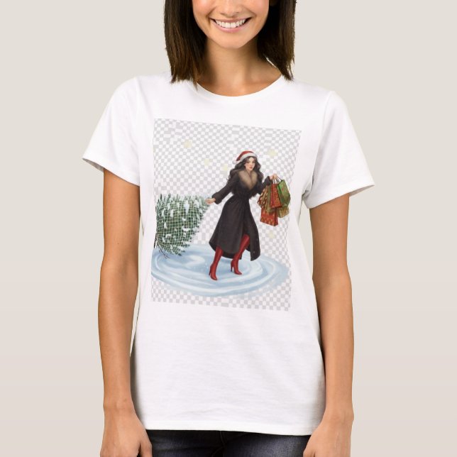 Elegant Woman in Santa Hat Pulling Christmas Tree  T-Shirt (Vorderseite)