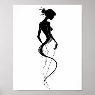 Elegant Woman Silhouette Abstract Line Art Black  Poster