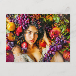 Elegant woman with pomegranate grapes and floral c postkarte