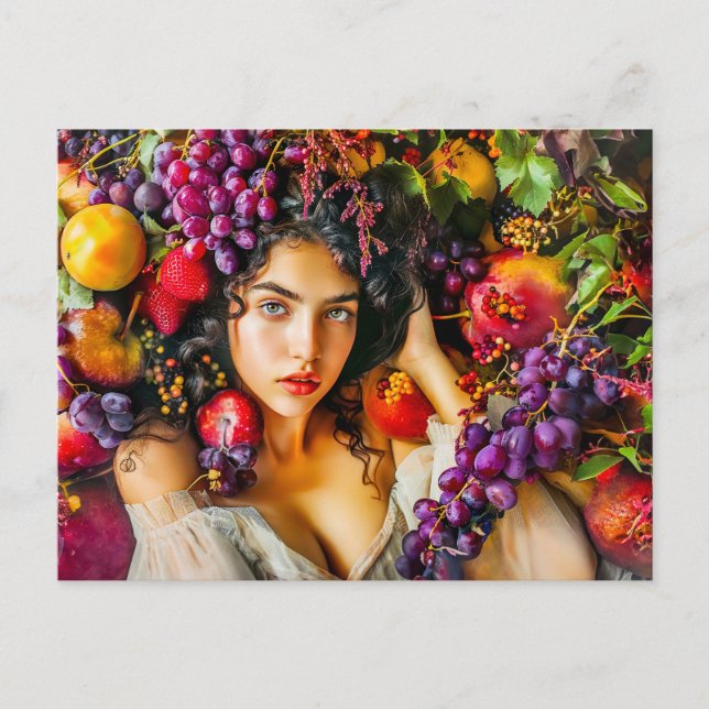 Elegant woman with pomegranate grapes and floral c postkarte (Vorderseite)