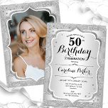Elegant Womens Silver Foto 50. Geburtstag Einladung<br><div class="desc">Elegante weibliche 50. Geburtstagseinladung mit Ihrem Foto auf der Kartenrückseite. Glam-Design mit Imitaten Glitzer Silber. Verfügt über silberne Streifen,  Skript-Schriftart und Konfetti. Ideal für ein stilvolles Party für Erwachsene. Personalisieren Sie Ihre persönlichen Daten. Kann für jedes Alter angepasst werden! Gedruckte Zazzle Einladungen oder Sofortdownload digitalen druckbaren Vorlage.</div>