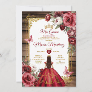 Elegant Wood Burgundy Blume Princess Mis Quince Einladung