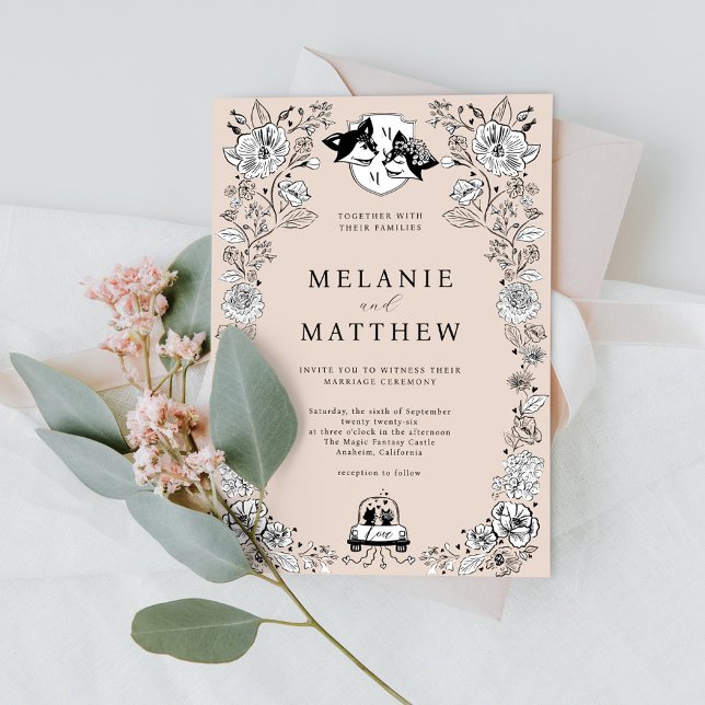 Elegant Woodland Fox Blumenzettel Fairytale Einladung (Elegant Woodland Fox Floral Sketch Fairytale Invitation)